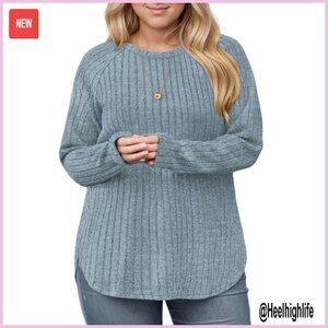 Plus Size Ribbed Knit Sweater Long Sleeve Crewneck Top XL-5XL